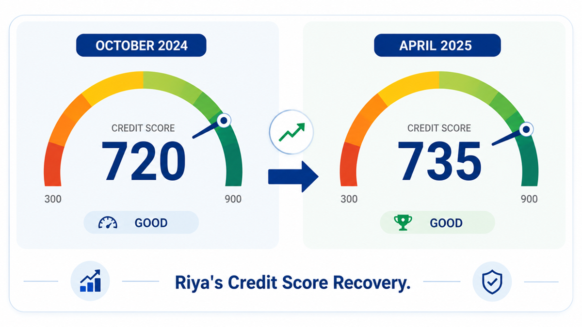 Hypothetical case study — credit score recovery after one day late payment, credit score 720 to 735