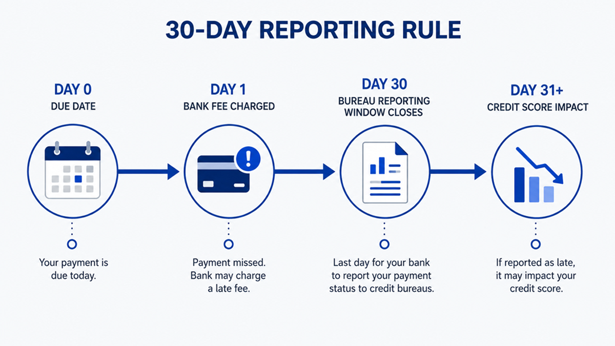 Timeline showing 30-day credit bureau reporting window for late credit card payments in India